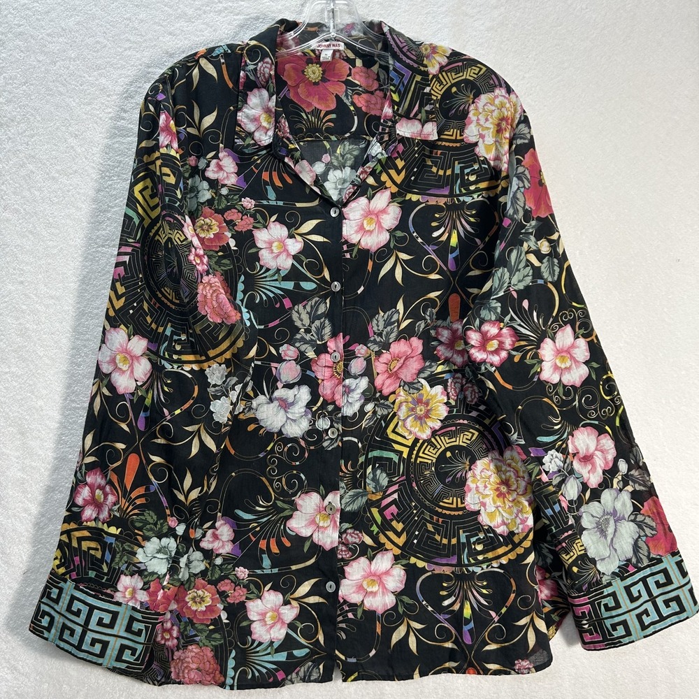 Johnny Was Womens Size XL Black Peace Voyager Floral Tunic Button Up Top